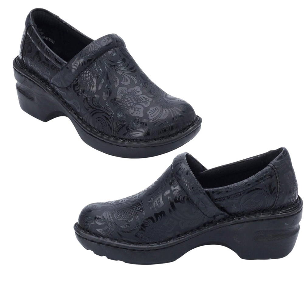 B.O.C “Peggy” black leather embossed clogs